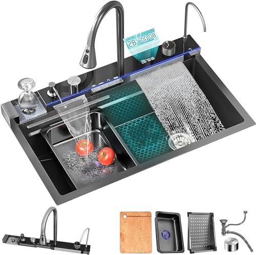 BRONSTARZ 33x22 Inch Nano Black Kitchen Single Bowl Sink With Flying Rain Waterfall, Integrated Workstation, Pull-Out Tap, Drain Basket, Two Waterfalls (33 * 22 * 10 Inch)