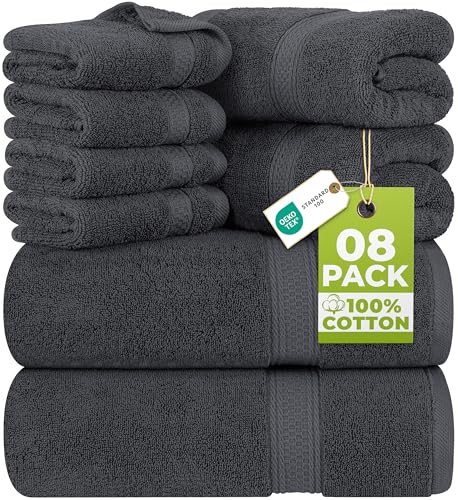 Utopia Towels 8 Piece Luxury Towel Set – Majestic Plush, Super Absorbent & Quicker-to-Dry, Thick 100% Ring Spun Cotton Towels for Bathroom, Spa & Hotel – 2 Bath, 2 Hand, 4 Washcloths, Grey