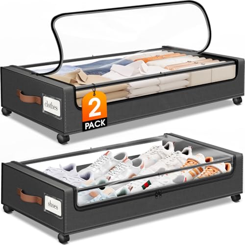 SpaceHacks Under Bed Storage with Wheels 2Pack Storage Containers with Clear Window&Label Under Bed Drawers Rolling Under Bed Storage for Clothes,Shoes, Blankets (30.71 x 16.93 x 6.69 in, Dark Grey)