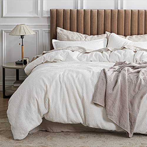 Bedsure Cotton Duvet Cover King - 100% Cotton Waffle Weave Coconut White Duvet Cover King Size, GentleSoft™ and Breathable Bedding Set for All Season, 3 Pieces, 104