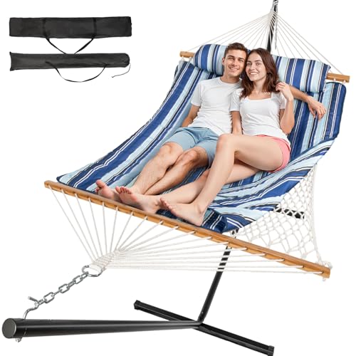 Everyfun 2 Person Outdoor Hammock with Stand, Cotton Rope Hammock with Polyester Pad, Adjustable Steel Frame, Portable with Carrying Bag – for Patio, Backyard, Garden, Beach, Blue