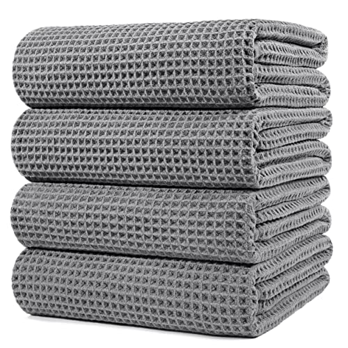 POLYTE 430 GSM Microfiber Oversize Quick Dry Lint Free Bath Towel, 60 x 30 in, 4 Pack (Waffle Weave)
