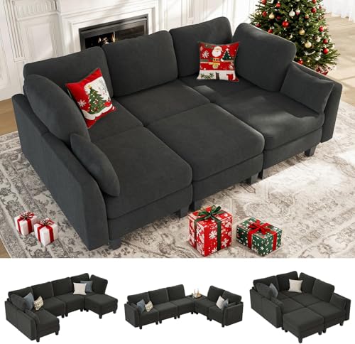 Dowiean Sectional Sleeper Sofa, 6 Seaters Modular Sleeper Sofa Couch, Comfy Sectionals Couches Bed, Convertible Sofas with Ottomans, Modular Sectional Couches for Living Room, Dark Grey